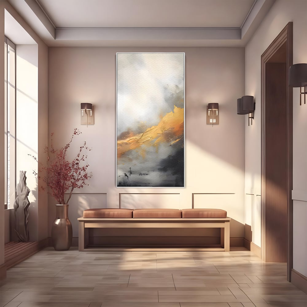 Tablou canvas cu pictura abstracta cu tusa aurie si tonuri gri, in rama de aluminiu argintiu